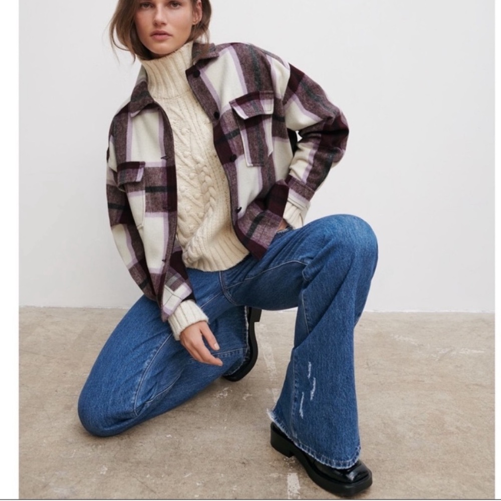 Zara Purple and White Plaid Flannel Check Shacket